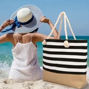 Large Capacity Striped Pattern Women'S Beach Tote Bag with Comfortable Handles