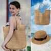 27487a44-1e63-4af0-95af-5a0527145fbb.jpg 1 Set Women'S Shoulder Straw Woven Bag + Fashionable Sun Hat