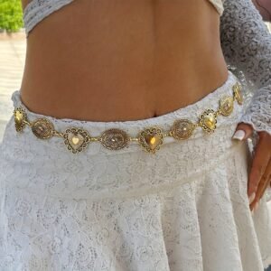 1pc Women's Vintage Golden Metal Belt with Heart and Oval Design
