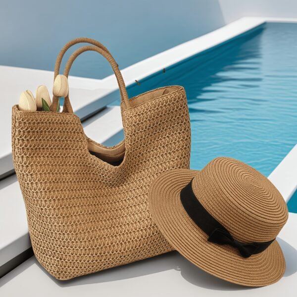 be972fca-7205-49da-ba90-794b0f5efd3f.jpg 1 Set Women'S Shoulder Straw Woven Bag + Fashionable Sun Hat